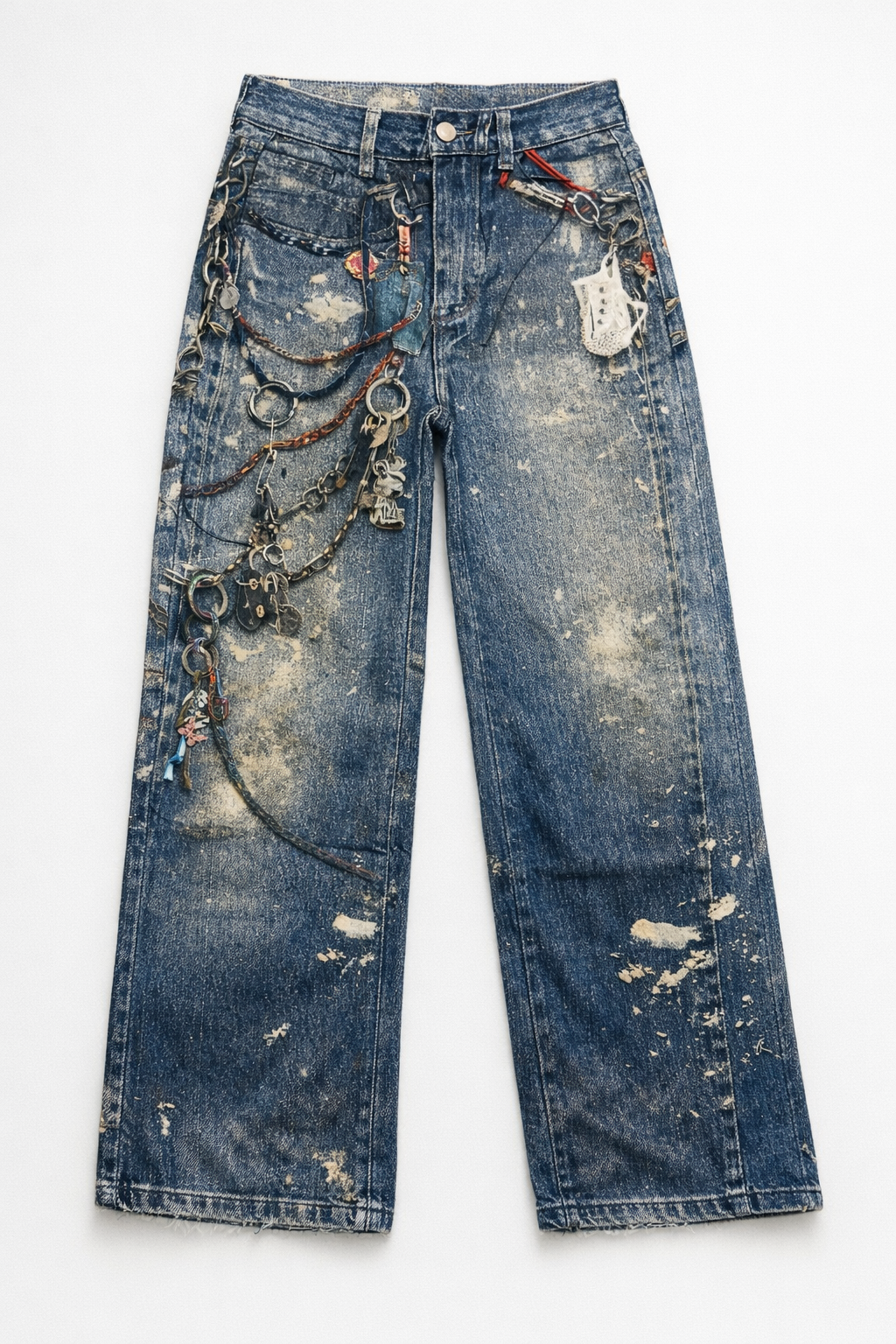 Jeans Denim Vintage con stampa Catene e Charms