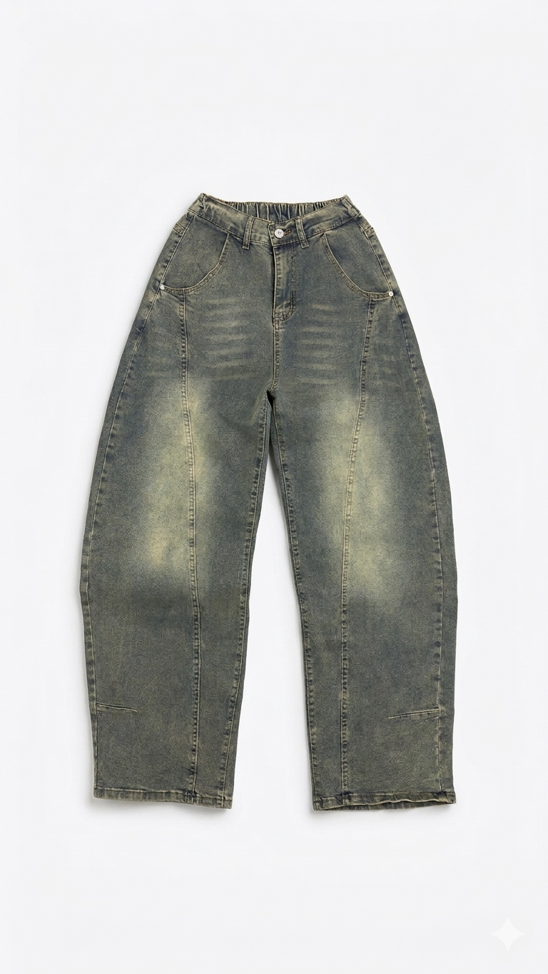 Jeans Balloon Wide Leg con Lavaggio Vintage e Cucitura Centrale