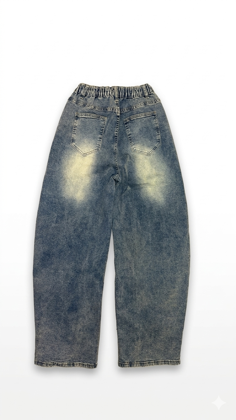 Jeans Balloon Wide Leg con Lavaggio Vintage e Cucitura Centrale